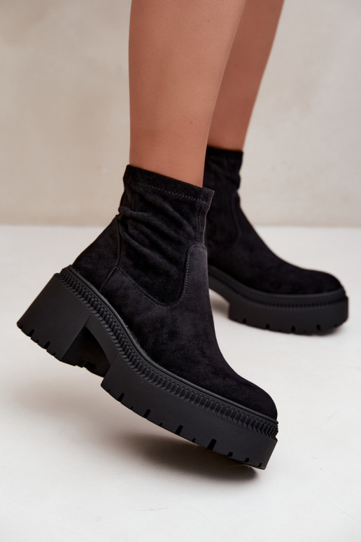 stivaletti da donna con tacco grosso e piattaforma in suede sintetico nero Elvianne