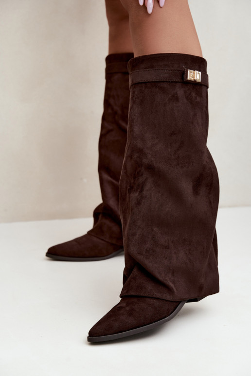stivali alti da donna con gambale lacciato su tacco basso in suede sintetico color caramello Gisellea