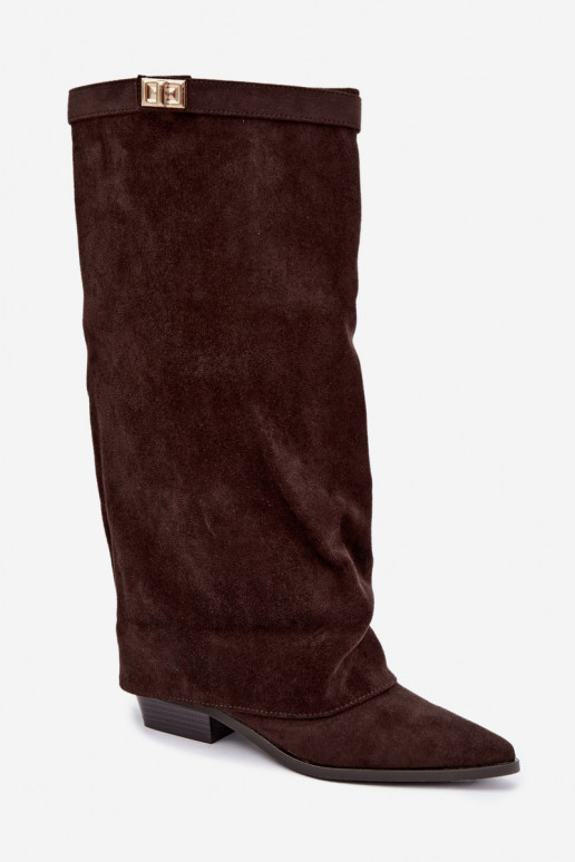stivali alti da donna con gambale lacciato su tacco basso in suede sintetico color caramello Gisellea