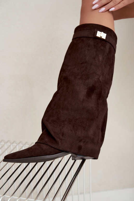 stivali alti da donna con gambale lacciato su tacco basso in suede sintetico color caramello Gisellea