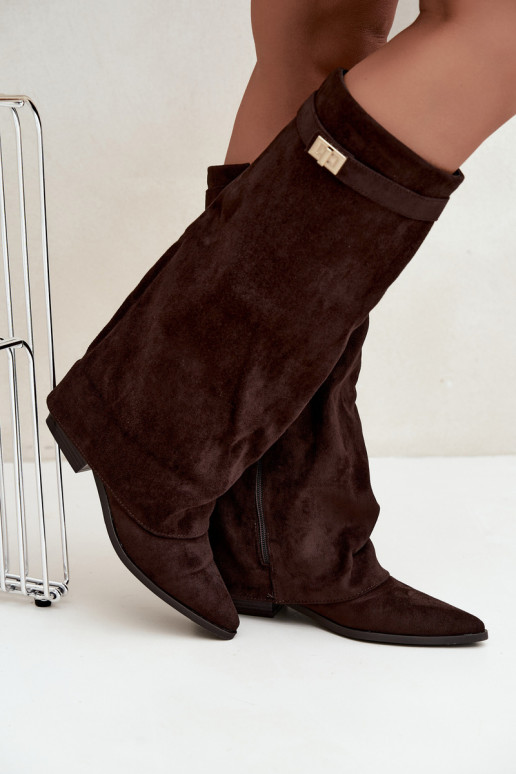 stivali alti da donna con gambale lacciato su tacco basso in suede sintetico color caramello Gisellea
