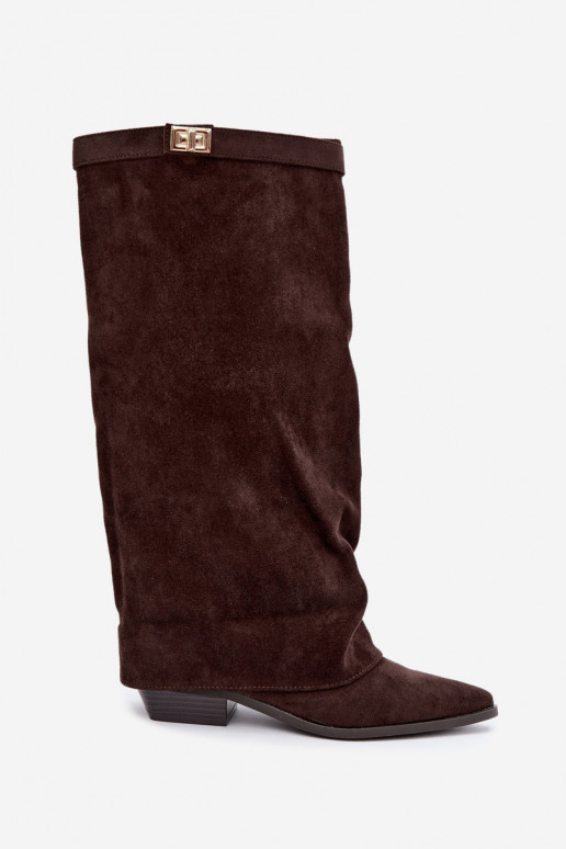 stivali alti da donna con gambale lacciato su tacco basso in suede sintetico color caramello Gisellea