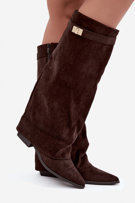 stivali alti da donna con gambale lacciato su tacco basso in suede sintetico color caramello Gisellea