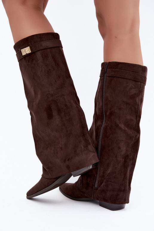 stivali alti da donna con gambale lacciato su tacco basso in suede sintetico color caramello Gisellea