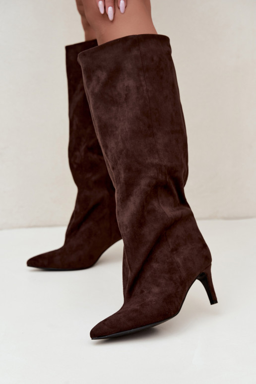 stivali alti da donna slip-on con tacco in cioccolato Favra