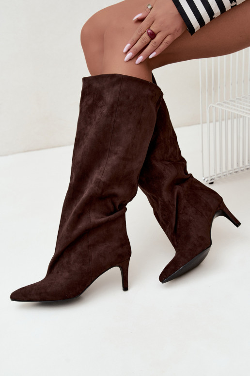 stivali alti da donna slip-on con tacco in cioccolato Favra