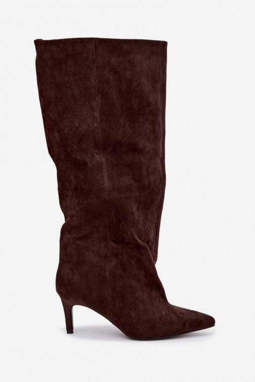 stivali alti da donna slip-on con tacco in cioccolato Favra