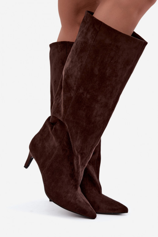 stivali alti da donna slip-on con tacco in cioccolato Favra