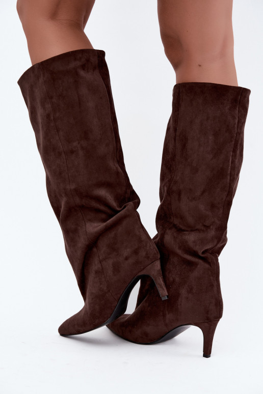 stivali alti da donna slip-on con tacco in cioccolato Favra