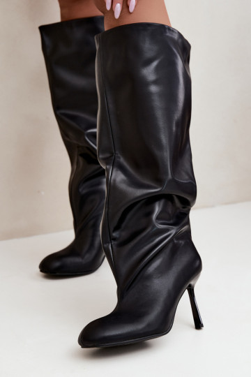 Stivali alti da donna slip-on con tacco sottile in nero Caliya
