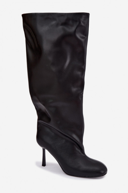 Stivali alti da donna slip-on con tacco sottile in nero Caliya