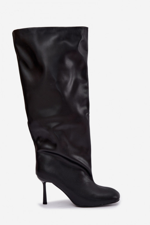 Stivali alti da donna slip-on con tacco sottile in nero Caliya