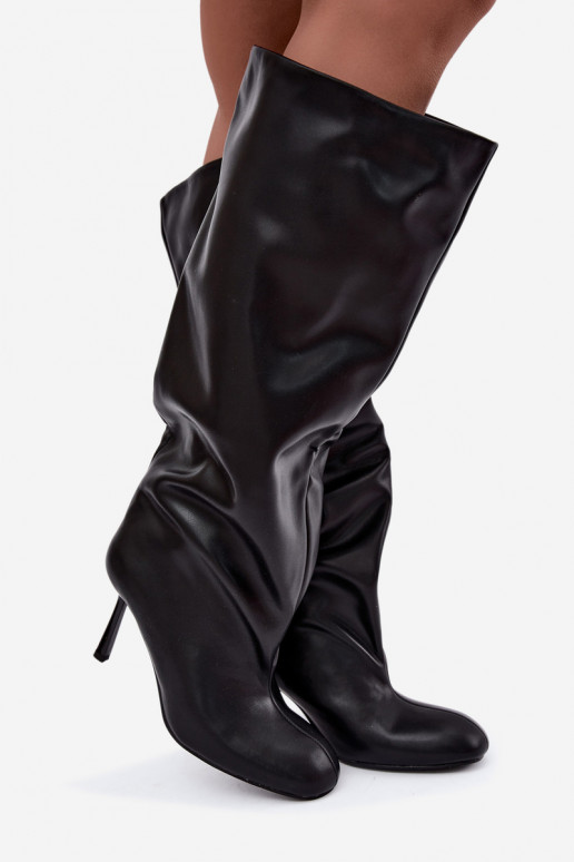 Stivali alti da donna slip-on con tacco sottile in nero Caliya