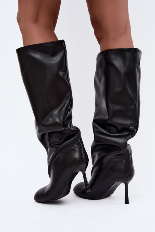 Stivali alti da donna slip-on con tacco sottile in nero Caliya