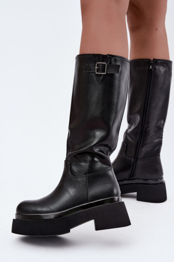 stivali alti da donna con piattaforma e fibbie in colore nero Fenley