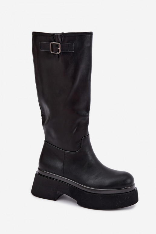 stivali alti da donna con piattaforma e fibbie in colore nero Fenley