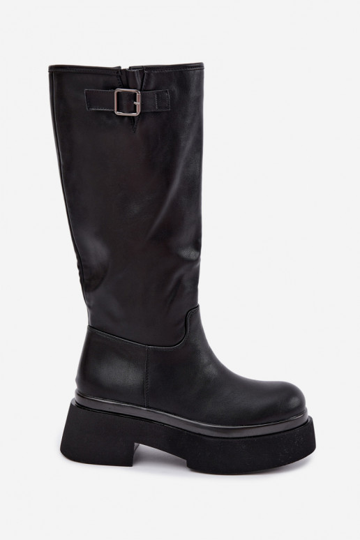 stivali alti da donna con piattaforma e fibbie in colore nero Fenley