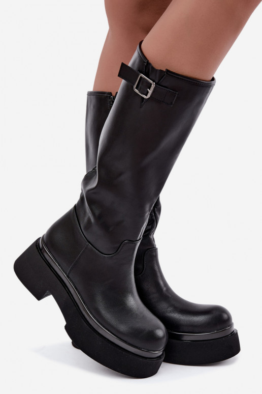 stivali alti da donna con piattaforma e fibbie in colore nero Fenley