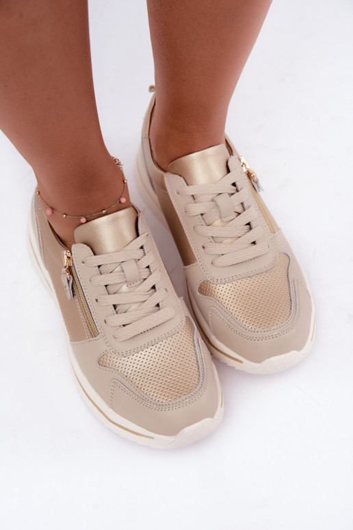 Sneakers in pelle con zip decorativa color oro-beige Oselia