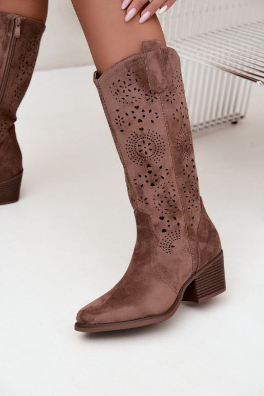 Stivali lunghi di stile cowboy marroni con ritagli Garena
