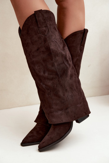 Stivali lunghi in stile cowboy con tacco e gambale cucito in colore cioccolato Irella 2