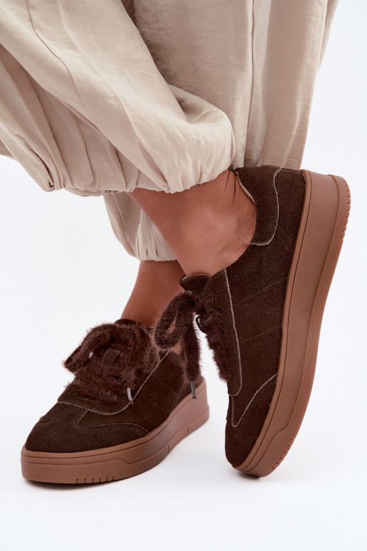 Sneakers in suede sintetico con pelliccia e lacci Kobbo 79655 cioccolato