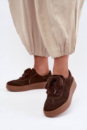 Sneakers in suede sintetico con pelliccia e lacci Kobbo 79655 cioccolato 2