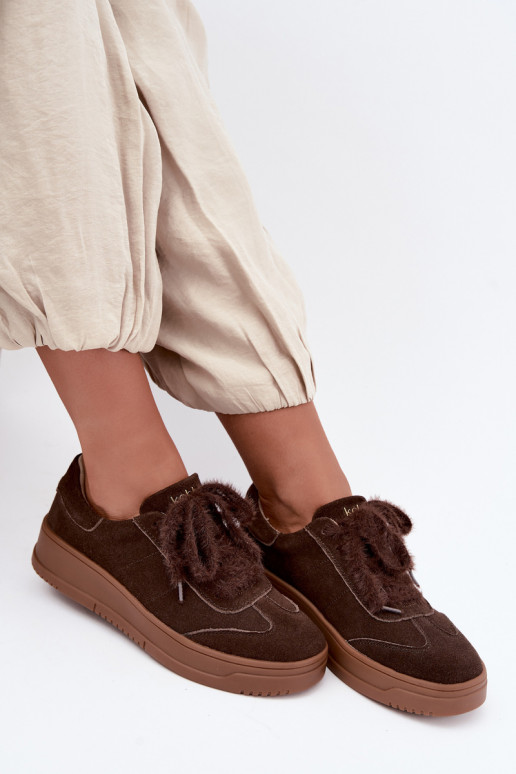 Sneakers in suede sintetico con pelliccia e lacci Kobbo 79655 cioccolato
