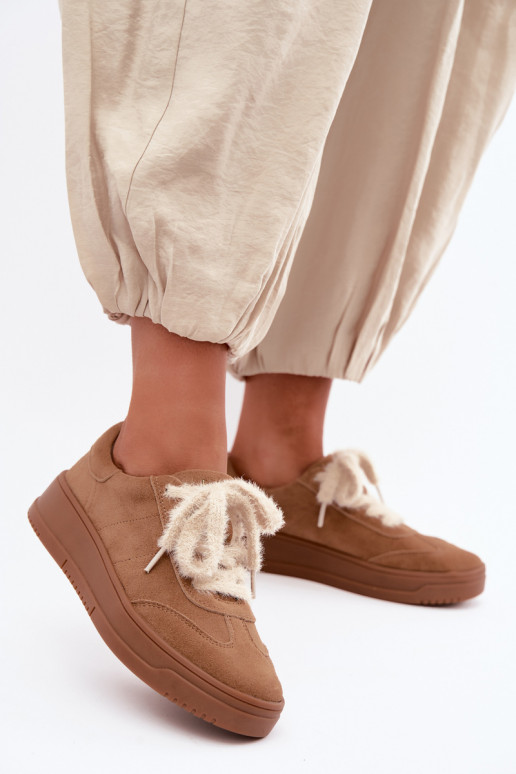 Sneakers in suede sintetico con pelliccia e lacci Kobbo 79655 marrone