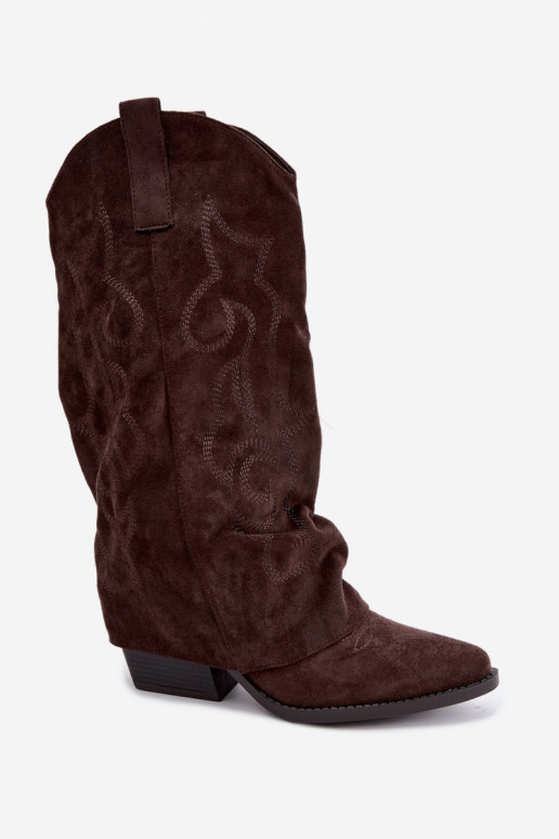Stivali alti in stile cowboy stropicciati con tacchi e gambale cucito cioccolato Ives
