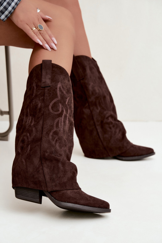 Stivali alti in stile cowboy stropicciati con tacchi e gambale cucito cioccolato Ives