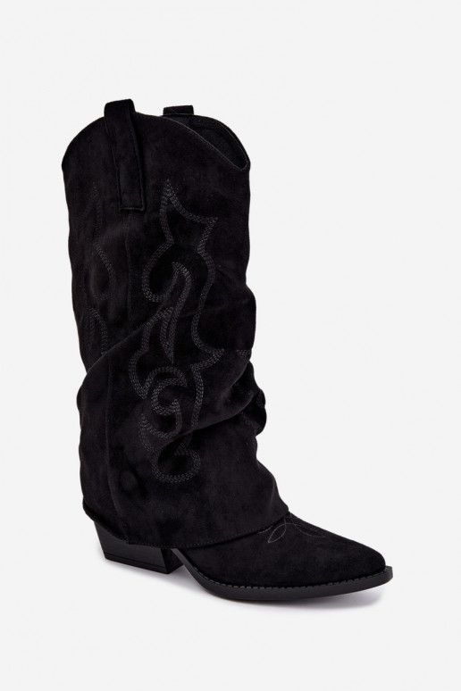 Stivali alti in stile cowboy stropicciati con tacchi e gambale cucito nero Ives