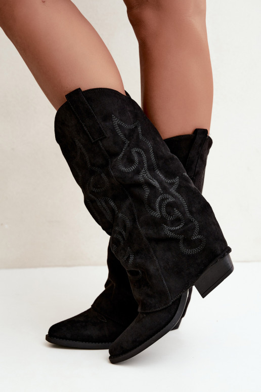 Stivali alti in stile cowboy stropicciati con tacchi e gambale cucito nero Ives