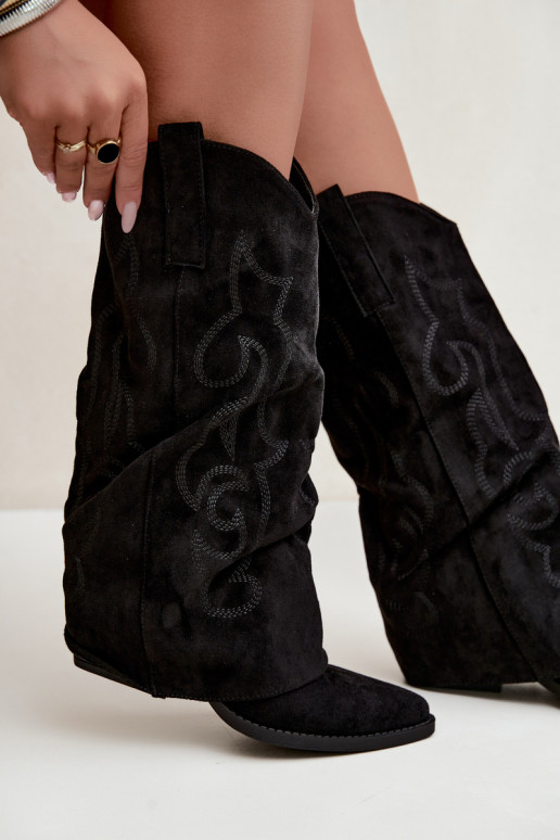 Stivali alti in stile cowboy stropicciati con tacchi e gambale cucito nero Ives