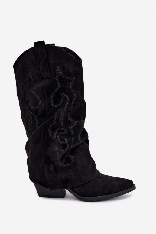 Stivali alti in stile cowboy stropicciati con tacchi e gambale cucito nero Ives