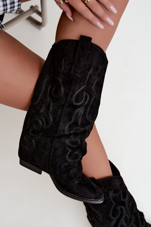 Stivali alti in stile cowboy stropicciati con tacchi e gambale cucito nero Ives