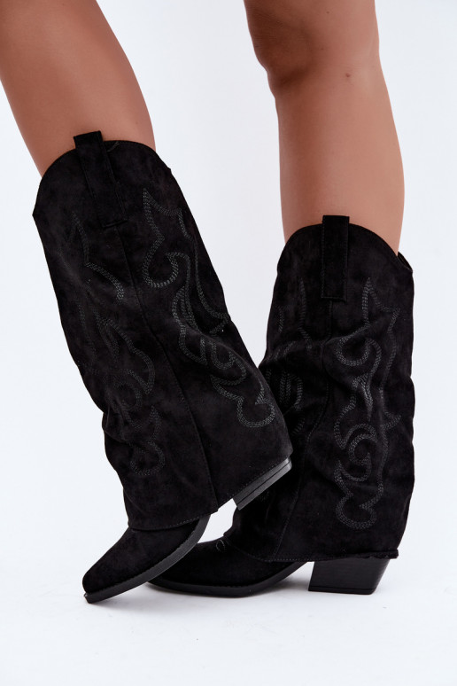 Stivali alti in stile cowboy stropicciati con tacchi e gambale cucito nero Ives