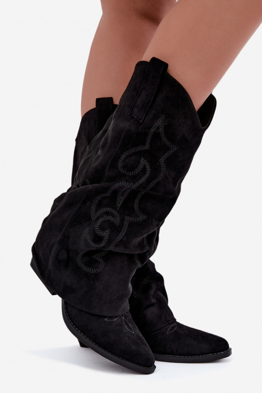 Stivali alti in stile cowboy stropicciati con tacchi e gambale cucito nero Ives