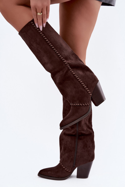 Stivali alti da donna in stile cowboy con tacco a blocco cioccolato Noeline