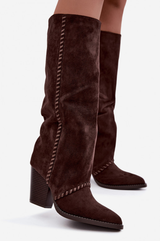 Stivali alti da donna in stile cowboy con tacco a blocco cioccolato Noeline