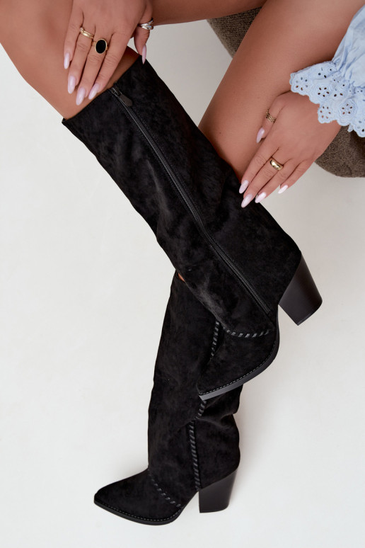 Stivali alti da donna in stile cowboy con tacco a blocco neri Noeline