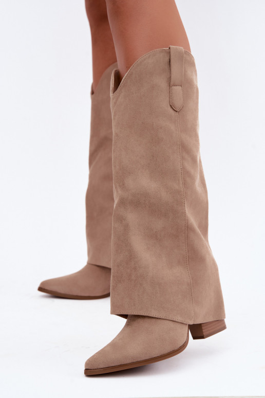 Stivali alti da donna in stile cowboy con tacco color sabbia Kalena