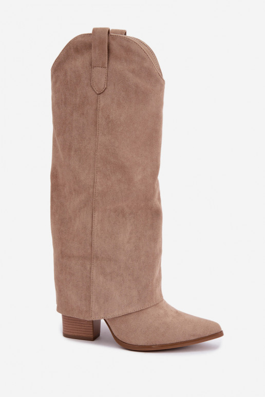 Stivali alti da donna in stile cowboy con tacco color sabbia Kalena