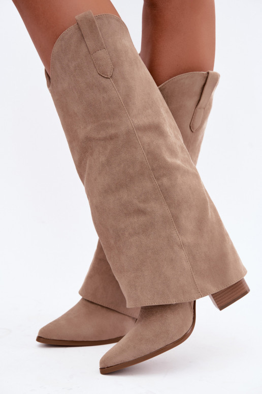 Stivali alti da donna in stile cowboy con tacco color sabbia Kalena