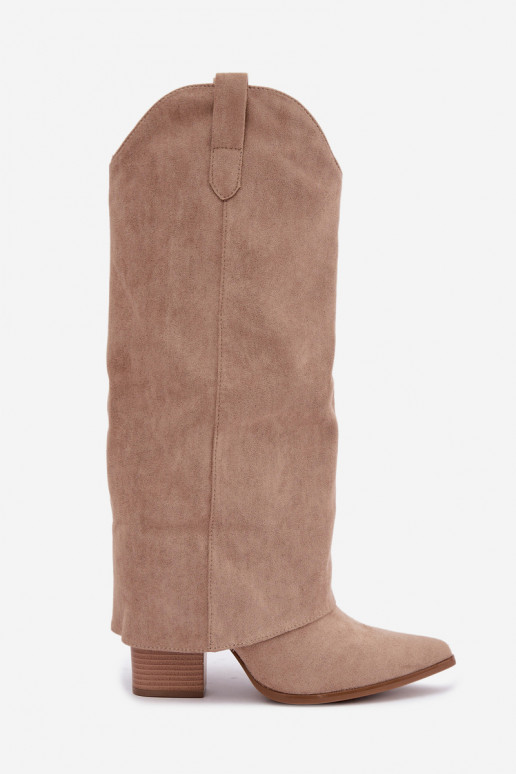 Stivali alti da donna in stile cowboy con tacco color sabbia Kalena
