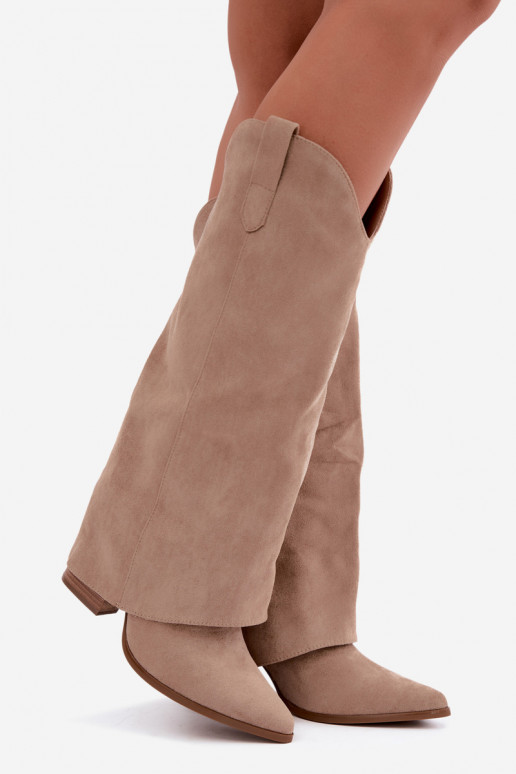 Stivali alti da donna in stile cowboy con tacco color sabbia Kalena