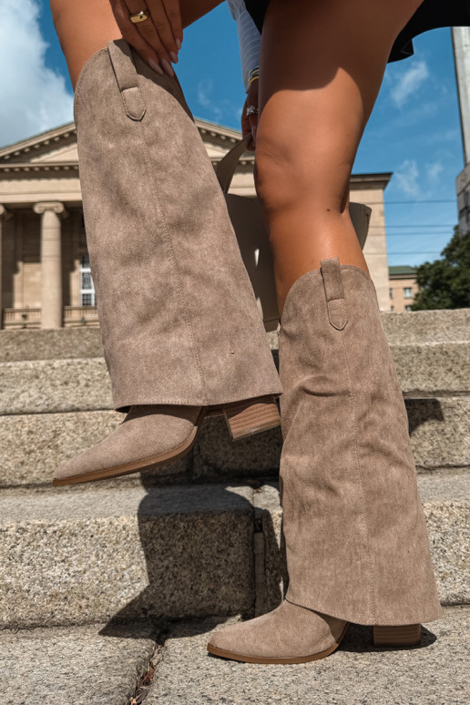 Stivali alti da donna in stile cowboy con tacco color sabbia Kalena
