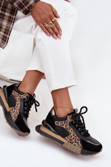 Sneakers in pelle da donna con piattaforma e stampa leopardata in nero Artiker 55C0134
