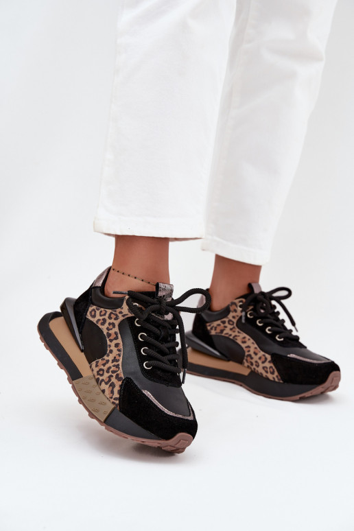 Sneakers in pelle da donna con piattaforma e stampa leopardata in nero Artiker 55C0134