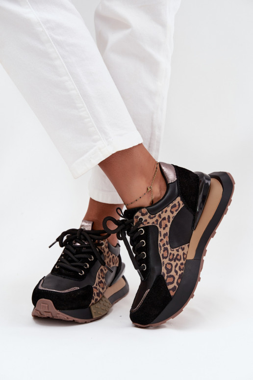 Sneakers in pelle da donna con piattaforma e stampa leopardata in nero Artiker 55C0134